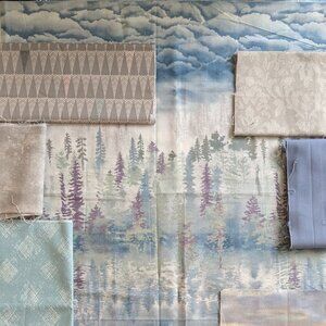 Fabric Remnants Muted Blues, Greys, Purple "At Home in the Woods"